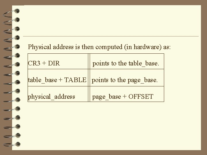 Physical address is then computed (in hardware) as: CR 3 + DIR points to