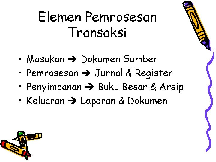 Elemen Pemrosesan Transaksi • • Masukan Dokumen Sumber Pemrosesan Jurnal & Register Penyimpanan Buku