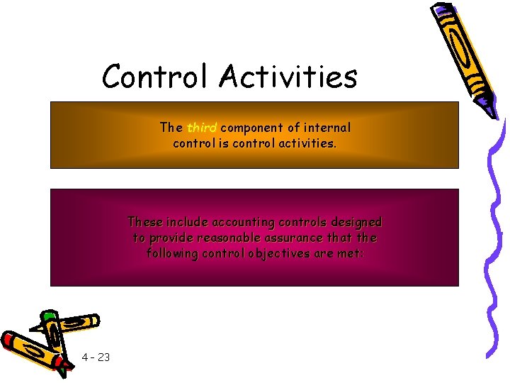 Control Activities The third component of internal control is control activities. These include accounting