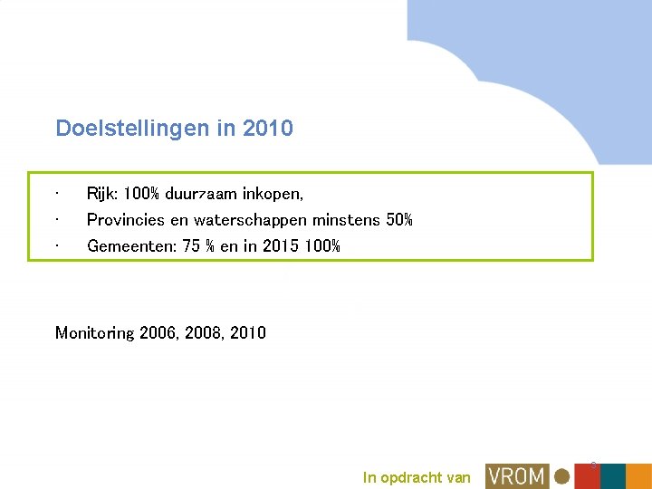 Doelstellingen in 2010 • • • Rijk: 100% duurzaam inkopen, Provincies en waterschappen minstens