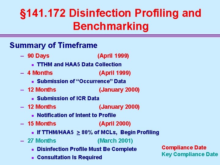 § 141. 172 Disinfection Profiling and Benchmarking Summary of Timeframe – 90 Days n