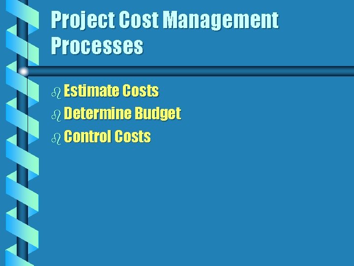 Project Cost Management Processes b Estimate Costs b Determine Budget b Control Costs 