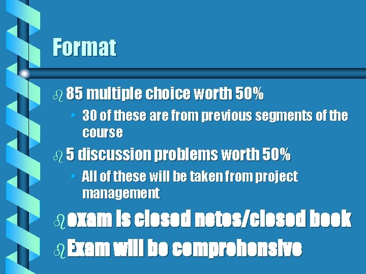 Format b 85 multiple choice worth 50% • 30 of these are from previous