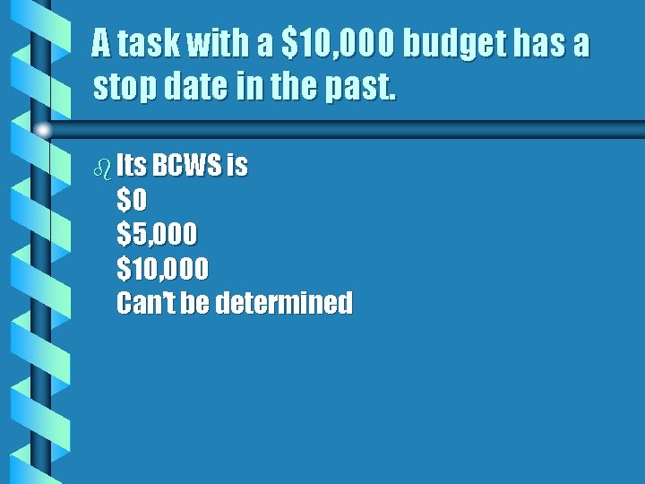 A task with a $10, 000 budget has a stop date in the past.