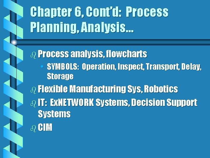 Chapter 6, Cont’d: Process Planning, Analysis… b Process analysis, flowcharts • SYMBOLS: Operation, Inspect,