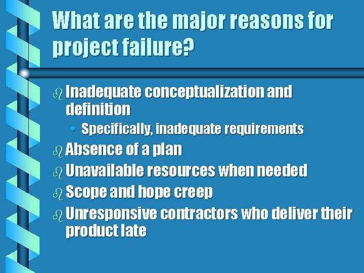 What are the major reasons for project failure? b Inadequate conceptualization and definition •