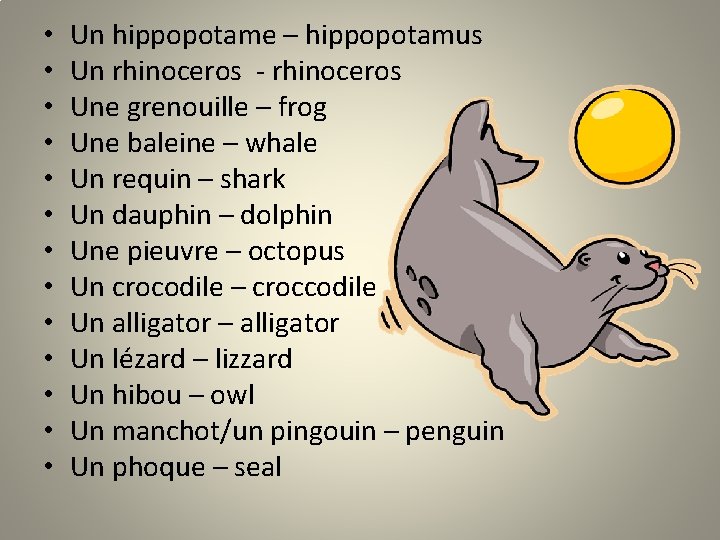  • • • • Un hippopotame – hippopotamus Un rhinoceros - rhinoceros Une