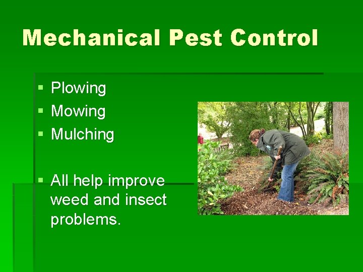 Mechanical Pest Control § § § Plowing Mulching § All help improve weed and Mechanical Pest Control § § § Plowing Mulching § All help improve weed and