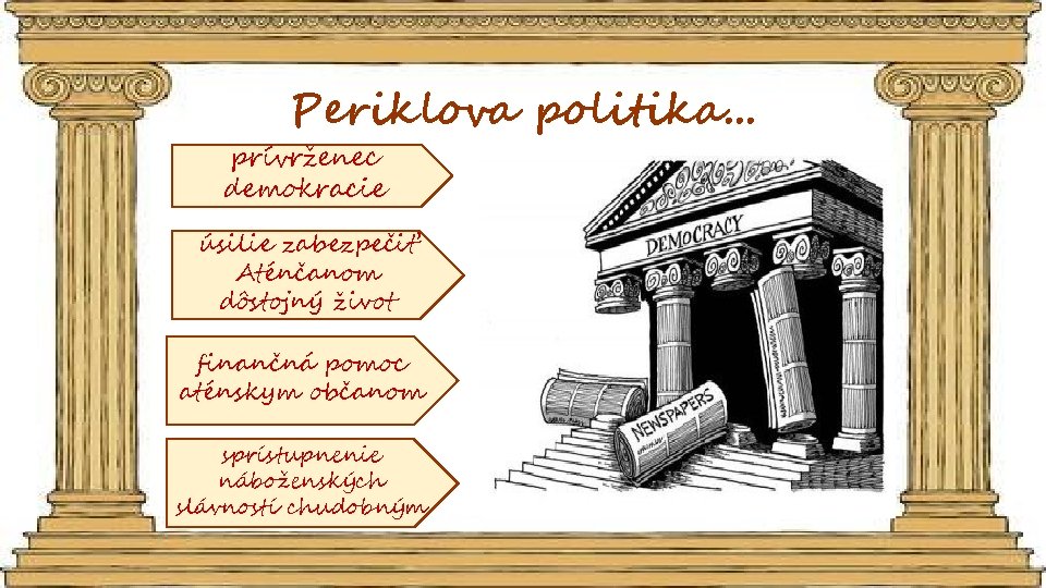 Periklova politika. . . prívrženec demokracie úsilie zabezpečiť Aténčanom dôstojný život finančná pomoc aténskym