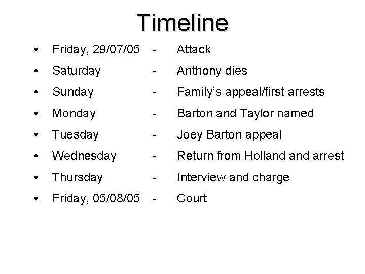 Timeline • Friday, 29/07/05 - Attack • Saturday - Anthony dies • Sunday - Timeline • Friday, 29/07/05 - Attack • Saturday - Anthony dies • Sunday -