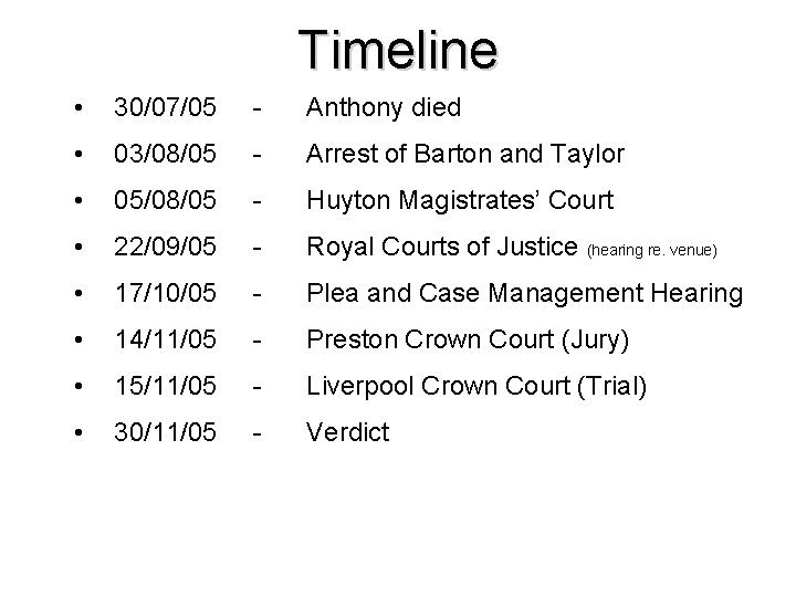 Timeline • 30/07/05 - Anthony died • 03/08/05 - Arrest of Barton and Taylor Timeline • 30/07/05 - Anthony died • 03/08/05 - Arrest of Barton and Taylor
