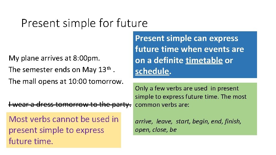 Present simple for future My plane arrives at 8: 00 pm. The semester ends