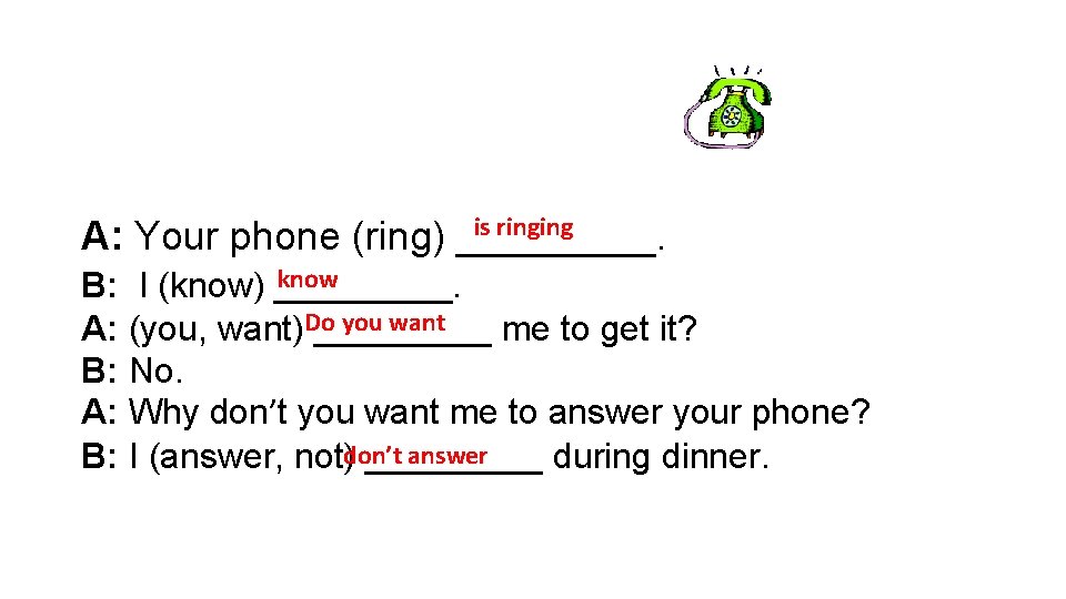 is ringing A: Your phone (ring) _____. know B: I (know) _____. you want