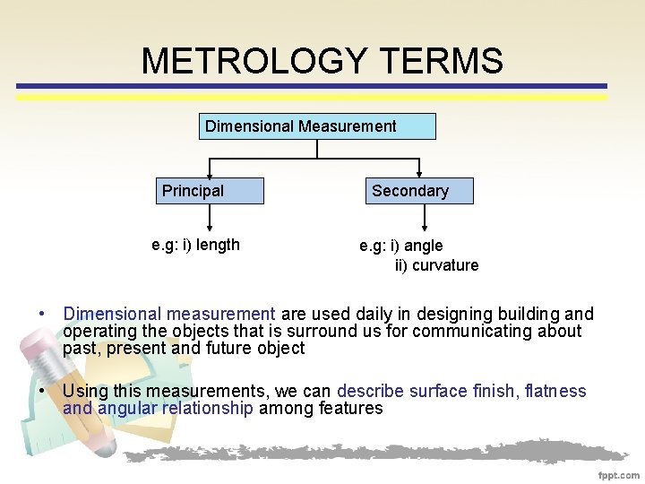 METROLOGY TERMS Dimensional Measurement Principal e. g: i) length Secondary e. g: i) angle