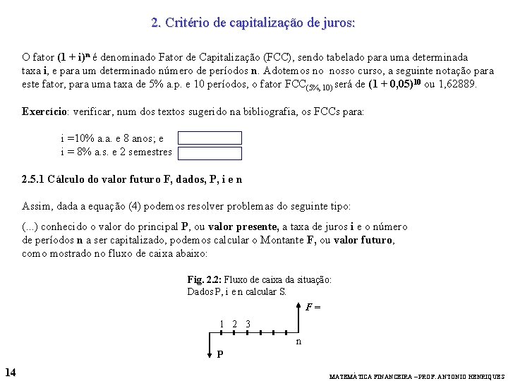 2. Critério de capitalização de juros: O fator (1 + i)n é denominado Fator