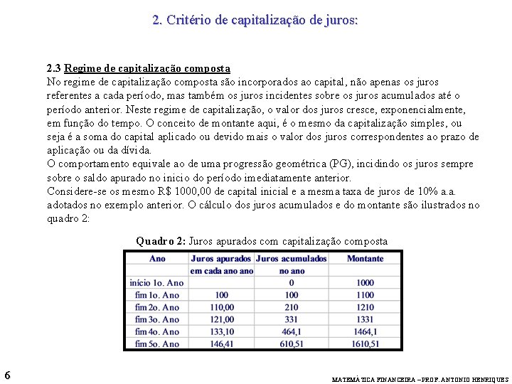 2. Critério de capitalização de juros: 2. 3 Regime de capitalização composta No regime 2. Critério de capitalização de juros: 2. 3 Regime de capitalização composta No regime