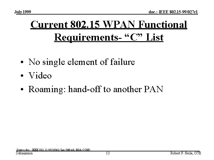 July 1999 doc. : IEEE 802. 15 -99/027 r 1 Current 802. 15 WPAN