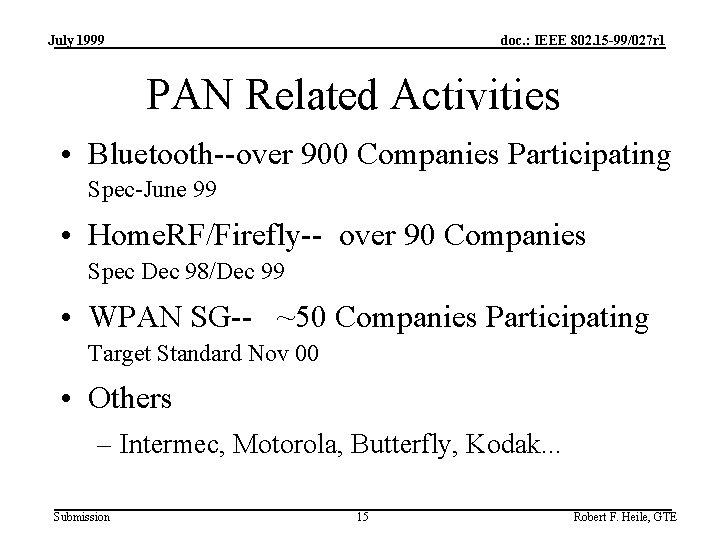 July 1999 doc. : IEEE 802. 15 -99/027 r 1 PAN Related Activities •