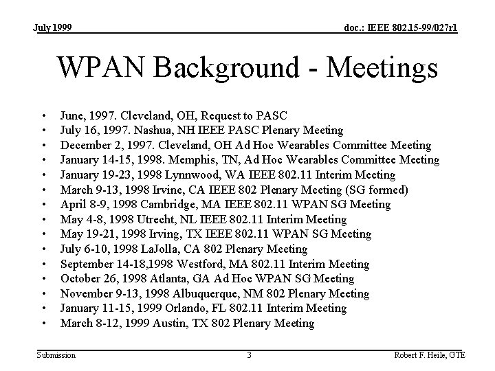 July 1999 doc. : IEEE 802. 15 -99/027 r 1 WPAN Background - Meetings