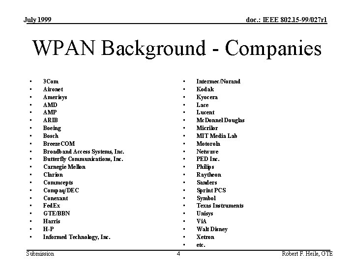 July 1999 doc. : IEEE 802. 15 -99/027 r 1 WPAN Background - Companies