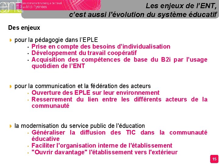 Les enjeux de l’ENT, c’est aussi l'évolution du système éducatif Des enjeux pour la Les enjeux de l’ENT, c’est aussi l'évolution du système éducatif Des enjeux pour la