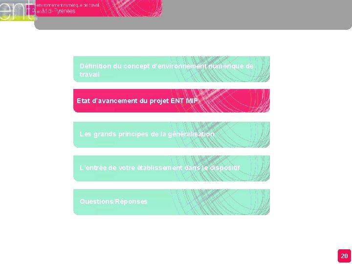 Définition du concept d’environnement numérique de travail Etat d’avancement du projet ENT MIP Les Définition du concept d’environnement numérique de travail Etat d’avancement du projet ENT MIP Les