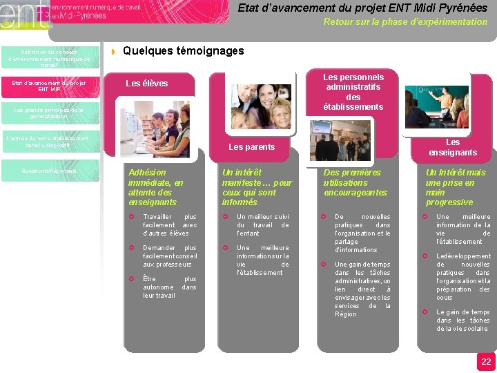 Etat d’avancement du projet ENT Midi Pyrénées Retour sur la phase d’expérimentation Définition du Etat d’avancement du projet ENT Midi Pyrénées Retour sur la phase d’expérimentation Définition du