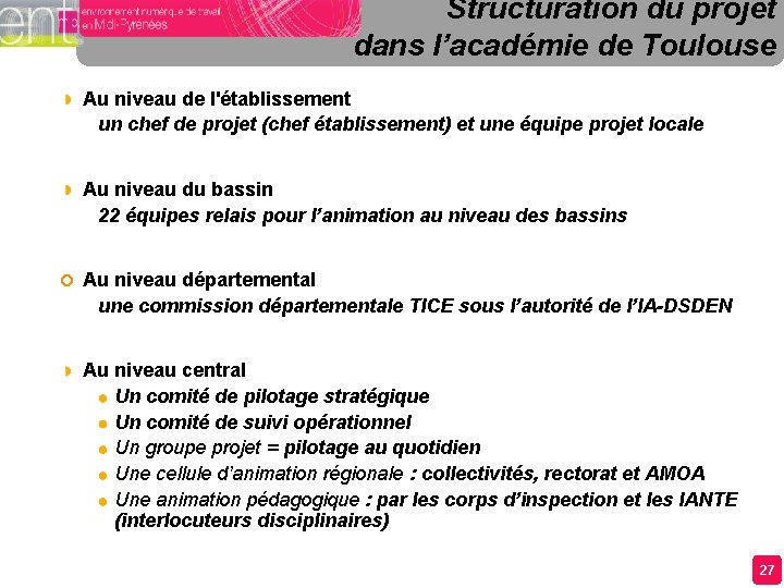 Structuration du projet dans l’académie de Toulouse Au niveau de l'établissement un chef de Structuration du projet dans l’académie de Toulouse Au niveau de l'établissement un chef de