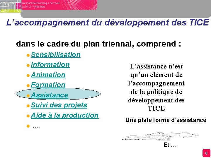 L’accompagnement du développement des TICE dans le cadre du plan triennal, comprend : Sensibilisation L’accompagnement du développement des TICE dans le cadre du plan triennal, comprend : Sensibilisation