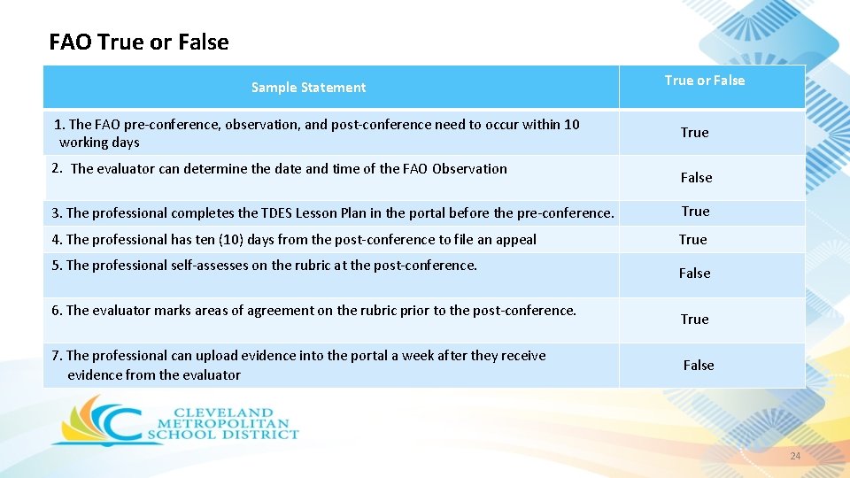 FAO True or False Sample Statement 1. The FAO pre-conference, observation, and post-conference need