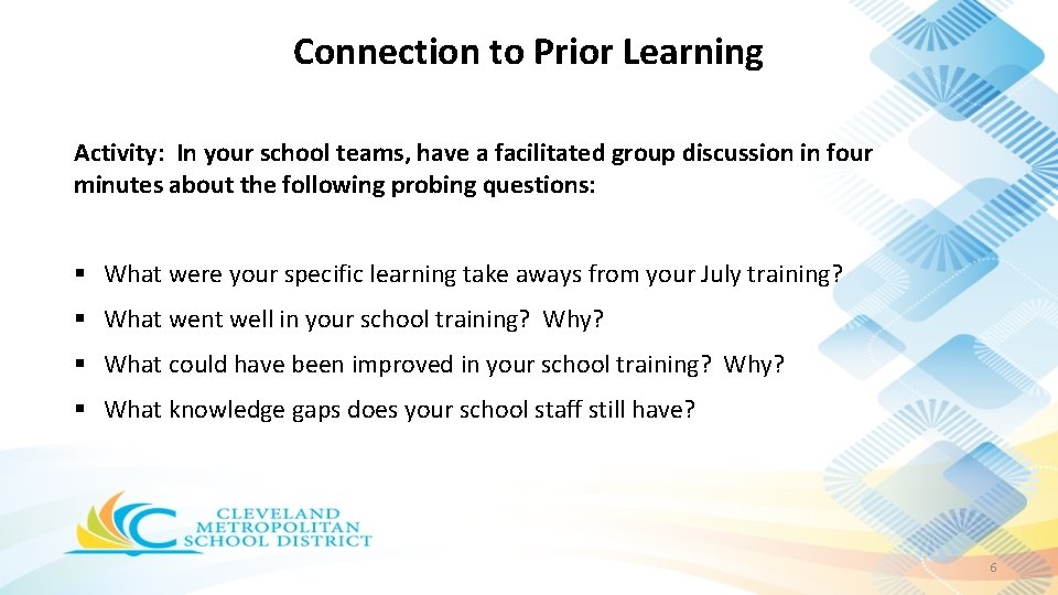 Connection to Prior Learning Activity: In your school teams, have a facilitated group discussion