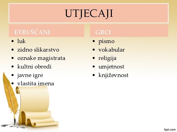 UTJECAJI ETRUŠĆANI • • • luk zidno slikarstvo oznake magistrata kultni obredi javne igre