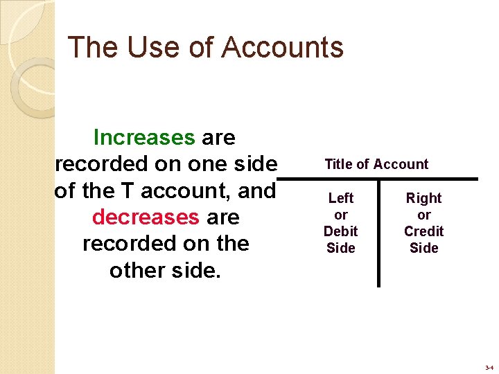 The Use of Accounts Increases are recorded on one side of the T account,
