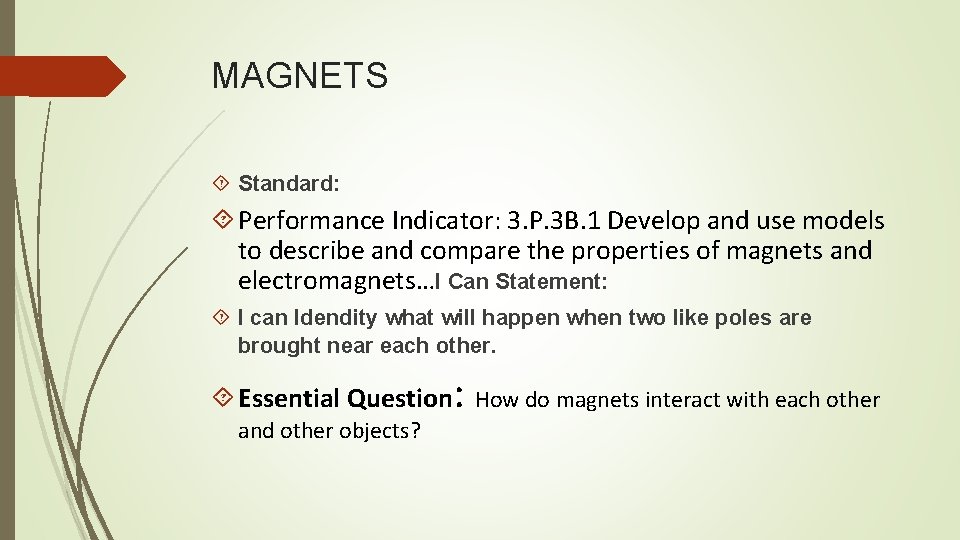 MAGNETS Standard: Performance Indicator: 3. P. 3 B. 1 Develop and use models to