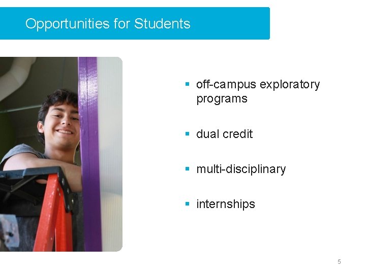 Opportunities for Students § off-campus exploratory programs § dual credit § multi-disciplinary § internships