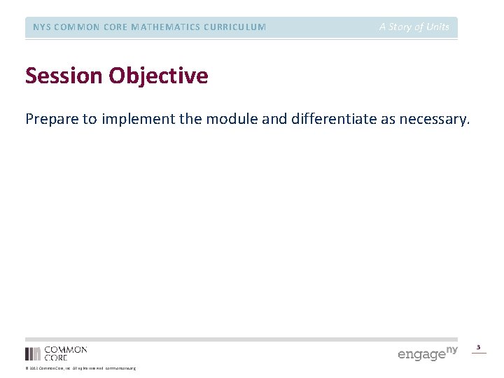 NYS COMMON CORE MATHEMATICS CURRICULUM A Story of Units Session Objective Prepare to implement