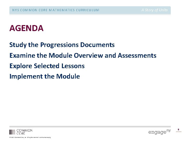 NYS COMMON CORE MATHEMATICS CURRICULUM A Story of Units AGENDA Study the Progressions Documents