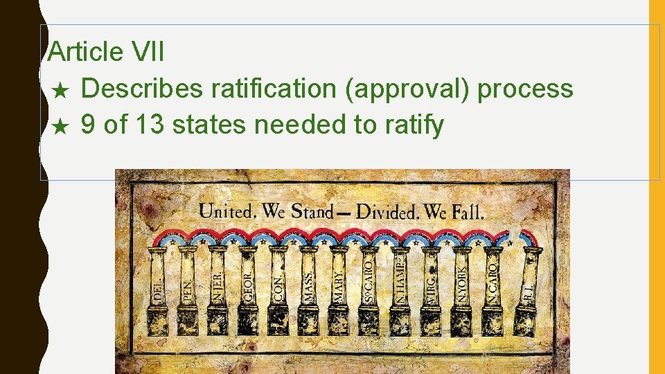 Article VII ★ Describes ratification (approval) process ★ 9 of 13 states needed to