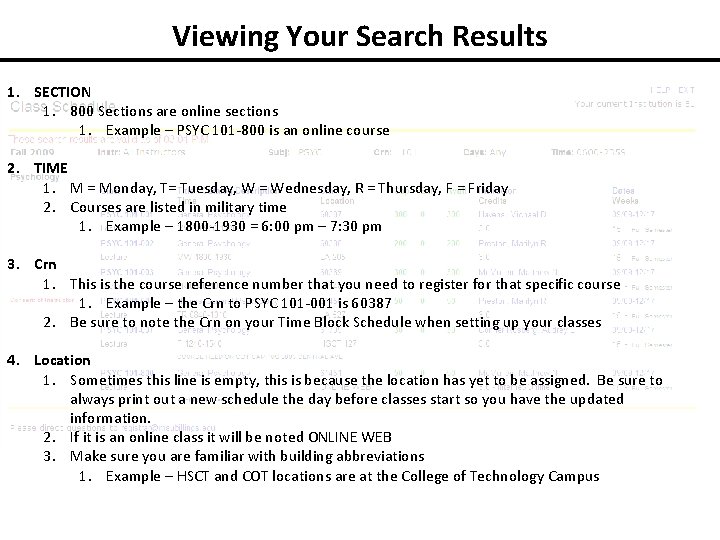 Viewing Your Search Results 1. SECTION 1. 800 Sections are online sections 1. Example