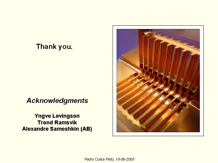 Thank you. Acknowledgments Yngve Levingson Trond Ramsvik Alexandre Samoshkin (AB) Pedro Costa Pinto, 18 Thank you. Acknowledgments Yngve Levingson Trond Ramsvik Alexandre Samoshkin (AB) Pedro Costa Pinto, 18