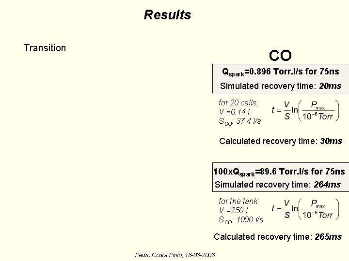Results Transition CO Qspark=0. 896 Torr. l/s for 75 ns Simulated recovery time: 20 Results Transition CO Qspark=0. 896 Torr. l/s for 75 ns Simulated recovery time: 20