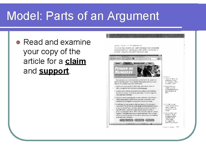 Model: Parts of an Argument l Read and examine your copy of the article