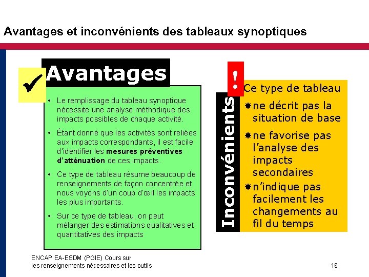 Avantages et inconvénients des tableaux synoptiques • Le remplissage du tableau synoptique nécessite une