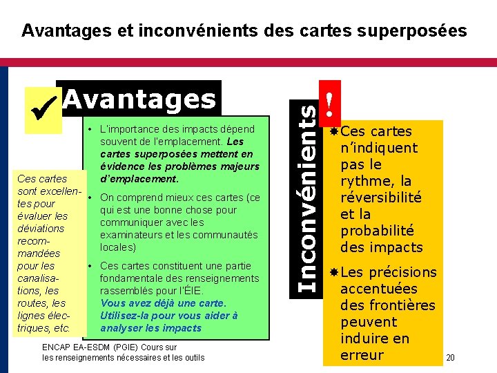  Avantages • L’importance des impacts dépend souvent de l’emplacement. Les cartes superposées mettent