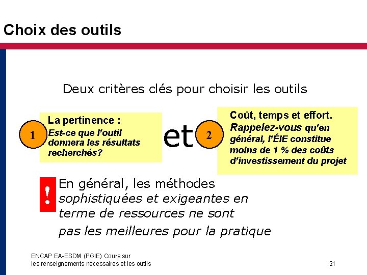 Choix des outils Deux critères clés pour choisir les outils La pertinence : 1