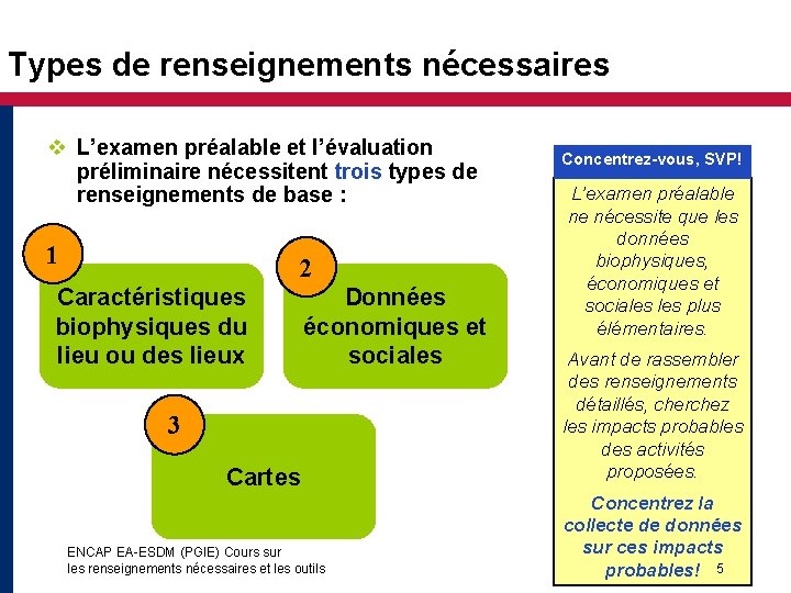 Types de renseignements nécessaires v L’examen préalable et l’évaluation préliminaire nécessitent trois types de