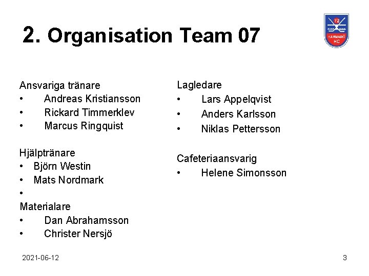 2. Organisation Team 07 Ansvariga tränare • Andreas Kristiansson • Rickard Timmerklev • Marcus