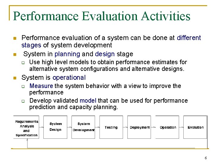 Performance Evaluation Activities n n Performance evaluation of a system can be done at