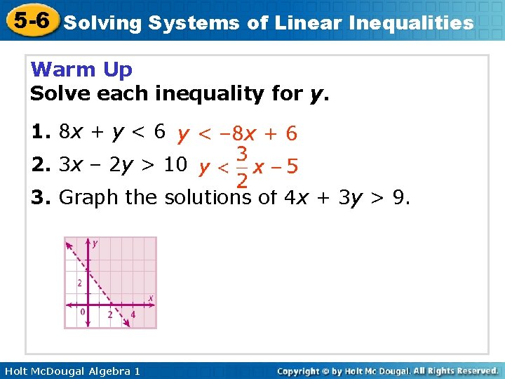 5 -6 Solving Systems of Linear Inequalities Warm Up Solve each inequality for y.