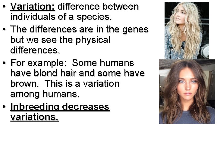  • Variation: difference between individuals of a species. • The differences are in